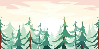 immergrün Wald Landschaft mit Sonnenuntergang Himmel. niedrig poly Tanne Bäume horizontal Banner. Vektor geschichtet Hintergrund