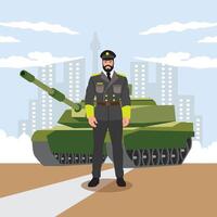 Militär- Mann mit Panzer. Vektor Illustration im eben Karikatur Stil auf städtisch Hintergrund.