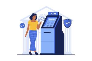 Frau Einzahlung Kasse im Geldautomat Maschine vektor