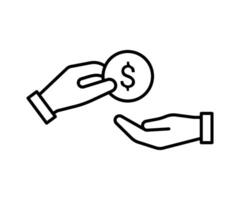 hand ge pengar, linje ikon. hand innehav mynt dollar. bedrägeri och bestickning. vektor illustration