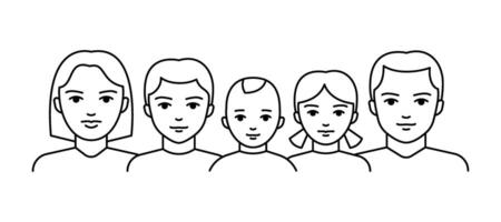 familj föräldrar med barn, linje ikon. barn pojke och flicka med far och mor. Lycklig familj. vektor översikt illustration