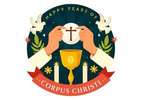 corpus christi katolik religiös vektor illustration med fest dag, korsa, bröd och vindruvor i Semester firande platt tecknad serie bakgrund