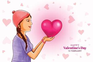 schön süß Mädchen Hand halten Herz zum Valentinsgrüße Tag Feier Karte Hintergrund vektor