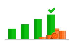 växande steg bar av finansiell till de framtida, tillväxt bar med kolla upp märke, guld mynt på isolerat bakgrund, digital marknadsföring illustration. vektor