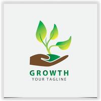 abstrakt sprießen Pflanze Entwicklung Vektor Logo Symbol Design mit Hand halten Samen Baum zum Begrünung Erde Logo Vorlage
