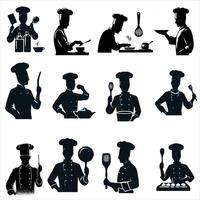 Druckchef Silhouette , Koch posiert Silhouette , Koch Stehen Silhouette , Kochen Silhouette , Essen Silhouette , Koch Charakter Silhouette , Küche Silhouette vektor