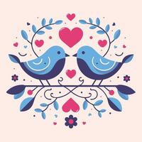 zwei Paar süß bunt beschwingt Liebe Vogel Papagei Paar thront auf ein Ast von ein Baum Herz gestalten auf Mitte umgeben durch Blume Valantinen Tag Konzept Thema Mauer Kunst Dekoration Gruß Karte Symbol vektor