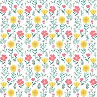 blommig sömlös mönster av blommor och löv i gul, grön och rosa på vit bakgrund. tapet design för textilier, tyger, papper grafik, mode bakgrunder, omslag, förpackning. vektor
