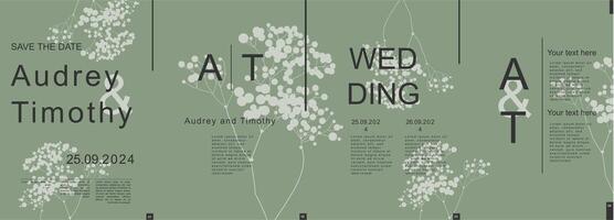 Hochzeit modern Banner mit modisch minimalistisch Typografie Design. Poster Vorlagen mit elegant abstrakt einfach Blume Zweig Silhouetten und Text Elemente zum Zeremonie Einladung. Vektor Illustration.