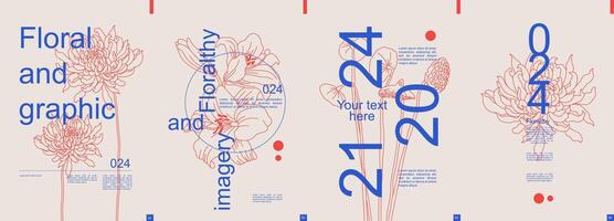 Blumen- modern Banner mit modisch minimalistisch Typografie Design. Poster Vorlagen mit Dahlie, Lilie und blühen Lotus Stängel Silhouetten, abstrakt geometrisch Formen, Text Elemente. Vektor Illustration.