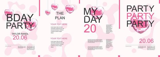 födelsedag fest modern baner med trendig minimalistisk typografi design. affisch mallar med rosa lysande disko bollar i hjärta form, abstrakt flytande former och text element. vektor illustration.