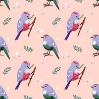 nahtlos Muster mit süß Blau Vögel im Karikatur Stil. Vogel auf ein Zweig und ein Vogel Stehen auf ein Rosa Hintergrund mit Blumen und Sterne. Frühling Muster zum Drucken und dekorieren vektor