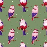 nahtlos Muster mit süß Rosa Vögel im Karikatur Stil. Vogel sitzt auf ein Zweig mit Beeren auf ein Grün Hintergrund mit Sterne. Frühling Muster zum Drucken und dekorieren vektor