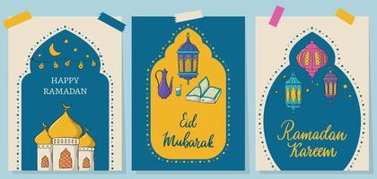 ramadan kort, affischer, banderoller, inbjudningar, grafik med text citat och doodles. islamic högtider tema. eps 10 vektor