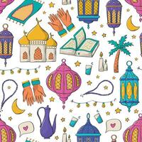 ramadan sömlös mönster med färgrik doodles, tecknad serie objekt för tapet, scrapbooking, förpackning, textil- grafik, omslag papper, bakgrunder, etc. eps 10 vektor