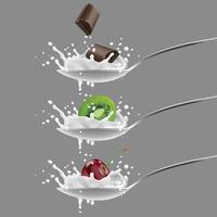 Joghurt, Milch spritzt auf Löffel mit Früchte und Schokolade vektor