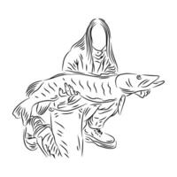 uppsättning av människor hantering fisk efter fiske linje konst illustration vektor