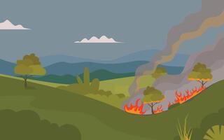 Feuer im das Wald. Lauffeuer, Wald Feuer Katastrophe Berg Bäume Vektor Illustration