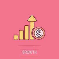 tillväxt pil ikon i komisk stil. inkomst tecknad serie vektor illustration på isolerat bakgrund. öka stänk effekt företag begrepp.