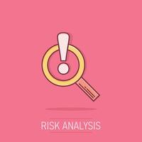 risk analys ikon i komisk stil. utrop förstoringsglas tecknad serie vektor illustration på vit isolerat bakgrund. uppmärksamhet stänk effekt företag begrepp.