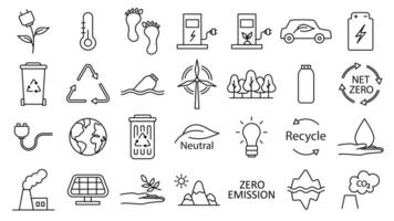 Symbol Sammlung mit Null Emission Symbol Konzept. Gewächshaus Gas Kohlenstoff Anerkennung Design Satz. schützen ökologisch Grün Vektor Umriss. Kohlenstoff Netz Null neutral natürlich. Kohlenstoff Fußabdruck Kunst Piktogramm