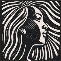 abstrakt konst vektor översikt illustration av afrikansk kvinna ansikte. svart och vit färg sida av flicka ansikte porträtt. modern skriva ut, affisch bild.