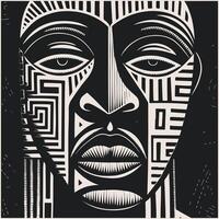 abstrakt konst vektor översikt illustration av afrikansk man ansikte. svart och vit färg sida av mänsklig ansikte porträtt. modern skriva ut, affisch bild.