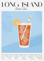 lange Insel vereist Tee Cocktail im Glas garniert mit Limette Scheibe. klassisch alkoholisch Getränk Rezept. Beliebt Sommer- Aperitif Poster. minimalistisch modisch drucken mit alkoholisch trinken. Vektor Illustration.
