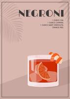 Negroni Cocktail im alt gestaltet Glas mit Eis. Aperol Campari alkoholisch Getränk mit Orange schälen und Zitrusfrüchte Scheibe auf Hintergrund mit Schatten von Orange Obst Baum. Sommer- Italienisch Aperitif. Vektor. vektor