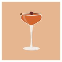 Manhattan klassisch Cocktail garniert mit Maraschinokirsche Kirsche. klassisch alkoholisch Getränk Karte zum Bar Speisekarte. Sommer- Aperitif. minimalistisch alkoholisch trinken. Vektor Illustration isoliert auf Hintergrund.