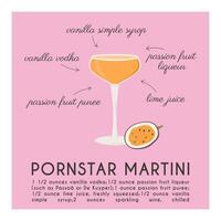 Pornostar Martini Cocktail garniert mit Leidenschaft Frucht. klassisch alkoholisch Getränk Rezept modern Platz drucken mit Zutaten. Sommer- Aperitif. minimalistisch modisch alkoholisch trinken. Vektor Illustration.