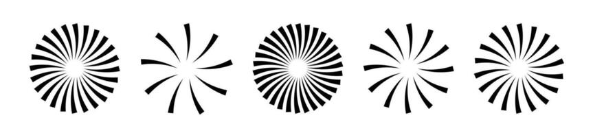 Starburst Streifen runden Satz. Strahl Linien ausgehen von das Center von das Kreis. Pack von geometrisch Elemente. isoliert Vektor Illustration auf Weiß Hintergrund.