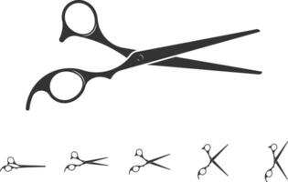 uppsättning hår skära scissor ikon. sax vektor design element eller logotyp mall. svart och vit silhuett isolerat.