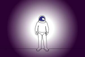 Astronaut im ein Raumanzug allein steht im das dunkel - - einer Linie Zeichnung Vektor. Konzept von Einsamkeit von Mensch Zivilisation im Raum, Astronaut Tag, Kosmonautik Tag vektor
