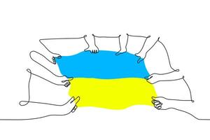 flera människor innehav ukrainska flagga - ett linje teckning vektor. begrepp av oberoende dag av Ukraina, rallyn i Stöd av Ukraina, enande av de ukrainska människor vektor