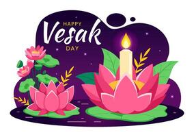 Vesak dag firande vektor illustration med tempel silhuett, lotus blomma, lykta eller buddha person i Semester platt tecknad serie bakgrund
