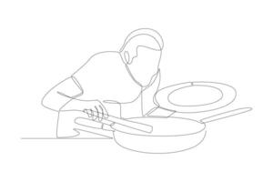 ett kontinuerlig linje teckning av matlagning begrepp. klotter vektor illustration i enkel linjär stil.