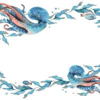 unter Wasser Welt Clip Art mit Meer Tiere Krake, Fische, Luftblasen und Algen. Hand gezeichnet Aquarell Illustration. rahmen, Vorlage isoliert von das Hintergrund vektor