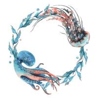 unter Wasser Welt Clip Art mit Meer Tiere Krake, Qualle Koralle und Algen. Hand gezeichnet Aquarell Illustration. Kreis Kranz, Rahmen isoliert von das Hintergrund vektor