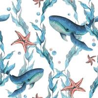 under vattnet värld ClipArt med hav djur val, sjöstjärna, bubblor och alger. hand dragen vattenfärg illustration. sömlös mönster på en vit bakgrund. vektor