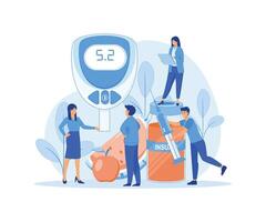 Insulin Erschöpfung zum Gesundheit Pflege. Arzt Messung Zucker mit Blau Streifen Meter Überwachung Ausrüstung. eben Vektor modern Illustration