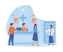 patienter på en sjukhus reception skrivbord registrerar och betalande på de skrivbord eller Sammanträde väntar för de läkare i en sjukvård. platt vektor modern illustration