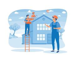 hus renovering. arbetare reparation tak. konstruktion grupp, takläggare, förman. platt vektor modern illustration