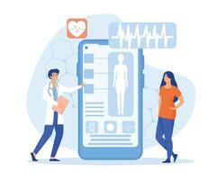 läkare granskning patient använder sig av medicinsk Ansökan på smart telefon, uppkopplad medicinsk samråd och teknologi begrepp. platt vektor modern illustration