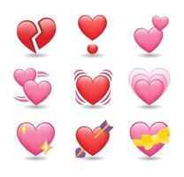 hjärta Färg uppsättning ikoner vektor illustrationer. uppsättning av hjärtan i rosa och röd färger och annorlunda typer