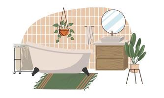 modern Badezimmer Innere im modern Stil. gemütlich Badezimmer mit Waschbecken, Spiegel, Badewanne, Regale und Zubehör. eben Vektor Illustration. isoliert auf Weiß Hintergrund.