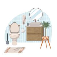 Badezimmer Innere Vektor Illustration. Toilette Innere Design. Badezimmer Kabinett mit Waschbecken, hängend Toilette Schüssel, Handtuch Halter und Badezimmer Spiegel.
