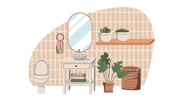 Badezimmer Innenräume im skandinavisch Stil. Badezimmer und Dressing Räume mit Waschbecken, sinkt, Spiegel, Schränke und Pflanzen. eben Vektor Illustration auf Weiß Hintergrund