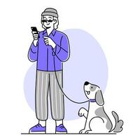person med hund och innehav smartphone vektor
