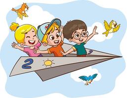 tecknad serie barn flygande med papper plane.kids rida papper plan vektor illustration